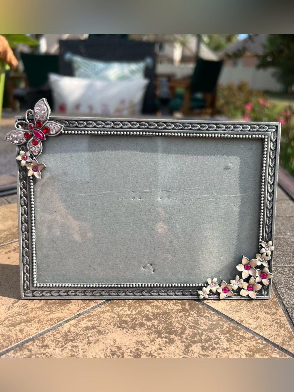 Vintage Silver Rectangular Floral Picture Frame with Enameled Pink Accent Stones